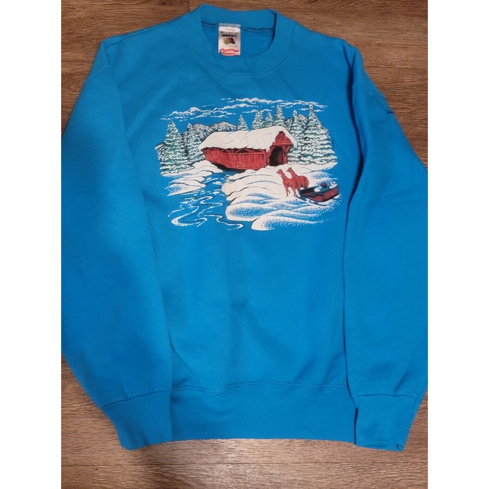 vtg 80s Fruit Of The Loom Graphic Sledding Sz M Turquoise 50/50 Made In USA